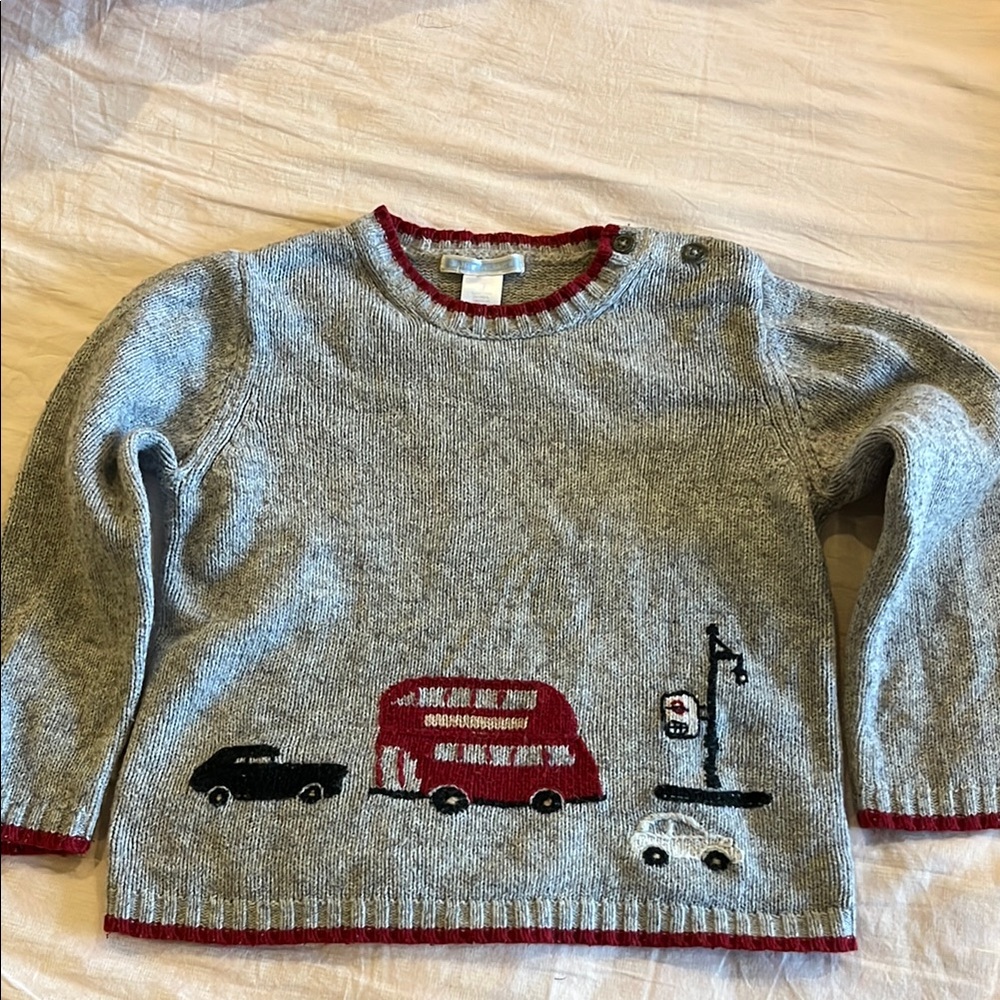 Children's Gray Sweater with Red Bus Design